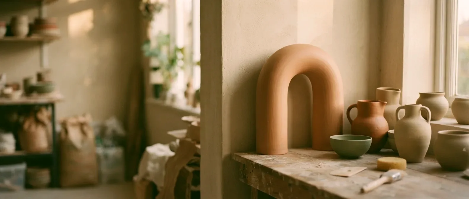 A ceramics studio at golden hour: a terracotta arch stands on a worn wooden bench beside unglazed pots and a small sage bowl.