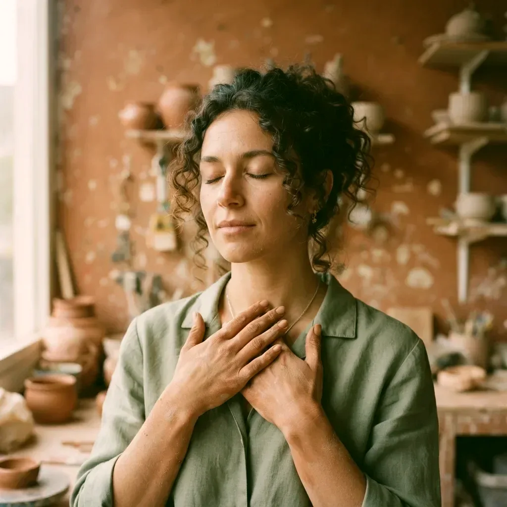 A person with curly hair, eyes softly closed and hands resting at the collarbone, against a terracotta studio wall — a moment of stillness.